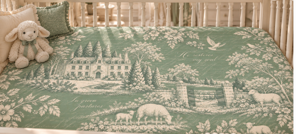 THE SHEPHERD’S BLESSING™ CRIB SHEET- Vintage Green Toile